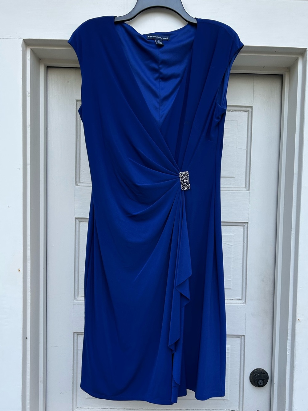 American Living Cobalt Blue Draped Midi Dress with Jeweled Detail